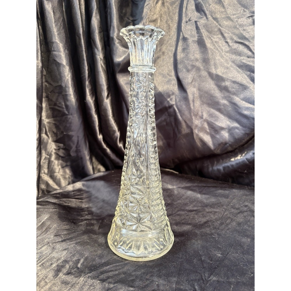 Vintage Anchor Hocking Clear Glass Bud Vase Stars & Bars Starburst 9" Tall